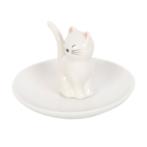 Sitting White Cat Ceramic Trinket Dish