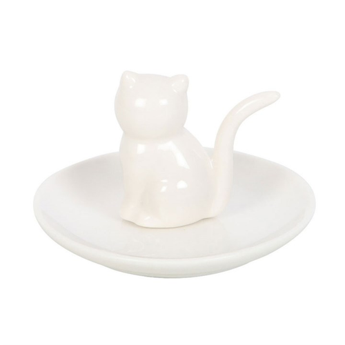 Sitting White Cat Ceramic Trinket Dish