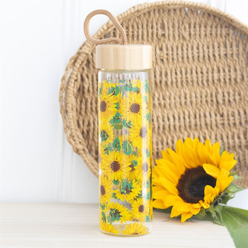Sunflower Print Glass Water Bottle 600ml with Bamboo Lid