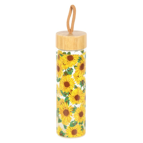 Sunflower Print Glass Water Bottle 600ml with Bamboo Lid