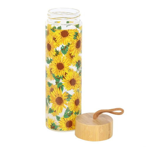 Sunflower Print Glass Water Bottle 600ml with Bamboo Lid