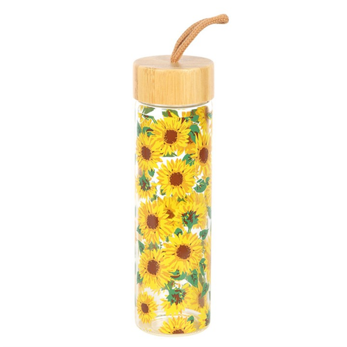 Sunflower Print Glass Water Bottle 600ml with Bamboo Lid