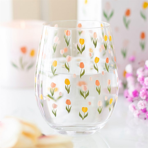Tulip Print Stemless Glass 450ml for Spring Drinks and Garden Parties