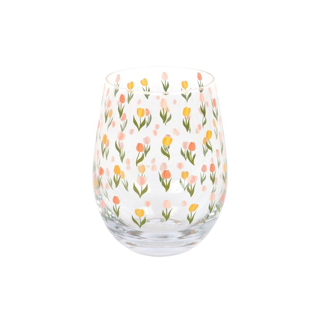 Tulip Print Stemless Glass 450ml for Spring Drinks and Garden Parties