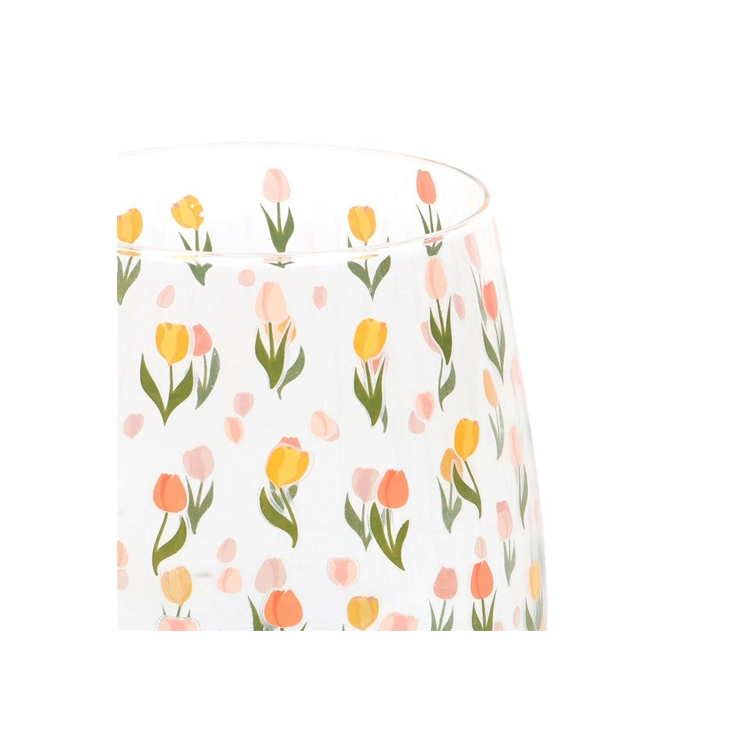 Tulip Print Stemless Glass 450ml for Spring Drinks and Garden Parties