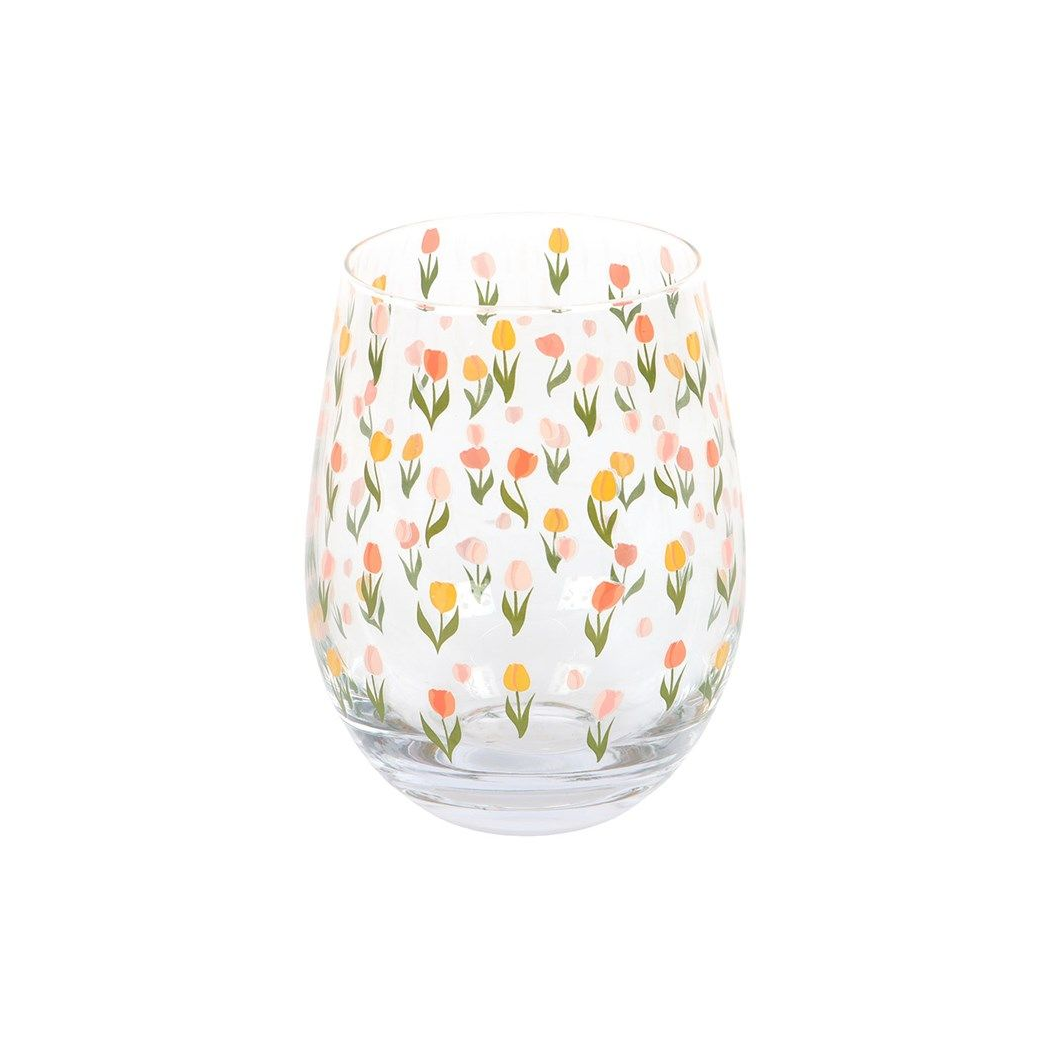 Tulip Print Stemless Glass 450ml for Spring Drinks and Garden Parties