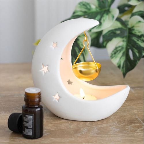 White Crescent Moon Ceramic Oil Burner with Gold Hanging Dish