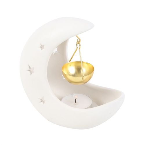 White Crescent Moon Ceramic Oil Burner with Gold Hanging Dish