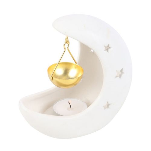 White Crescent Moon Ceramic Oil Burner with Gold Hanging Dish