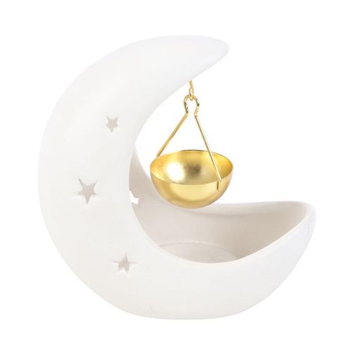 White Crescent Moon Ceramic Oil Burner with Gold Hanging Dish