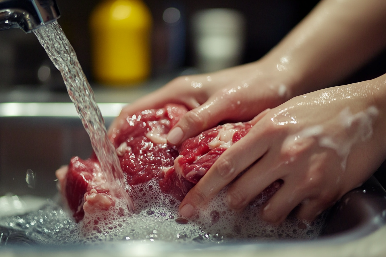 Raw meat preparation near kitchen sink increases cross-contamination risk