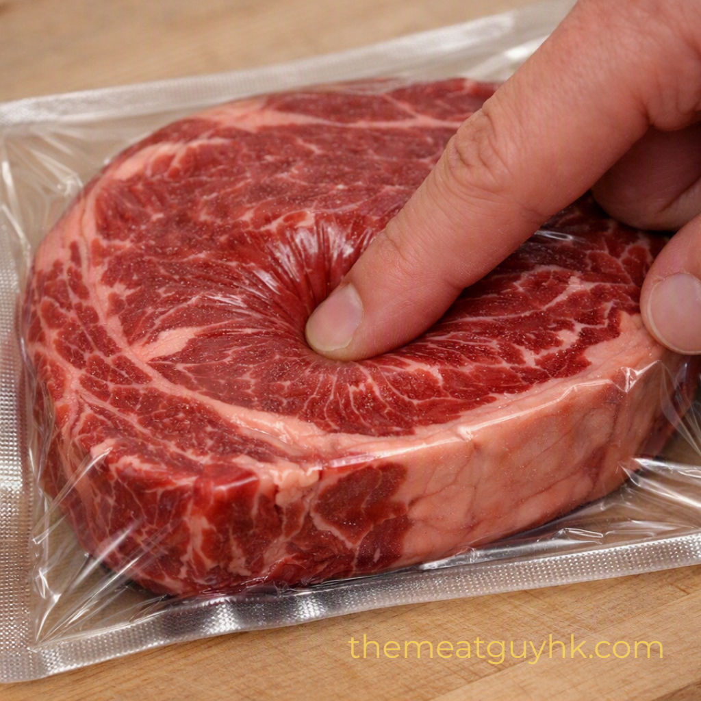 Press testing meat for freshness