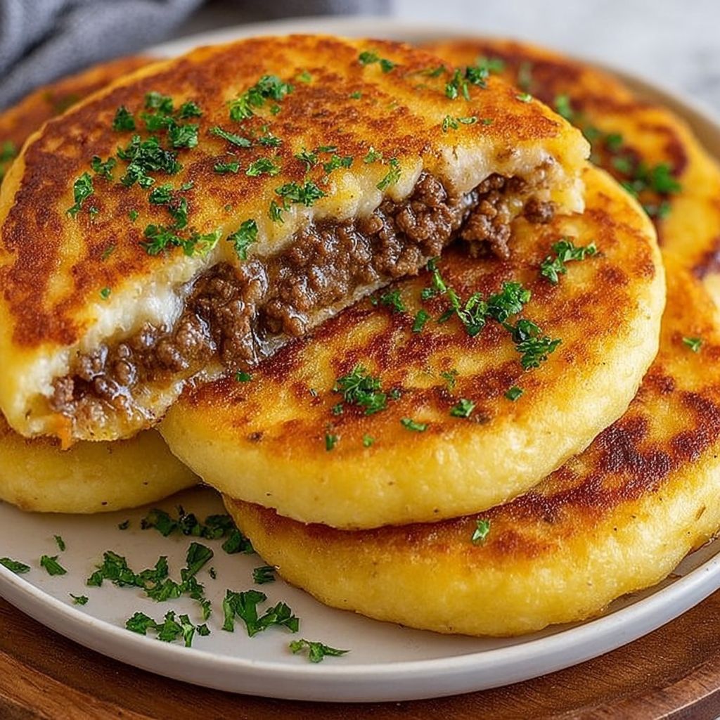 Crispy Mashed Potato Pancakes with Mince Filling Plated Dish