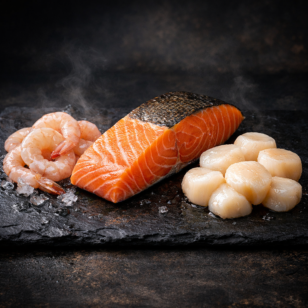Prawn, salmon, scallop, ready for cooking