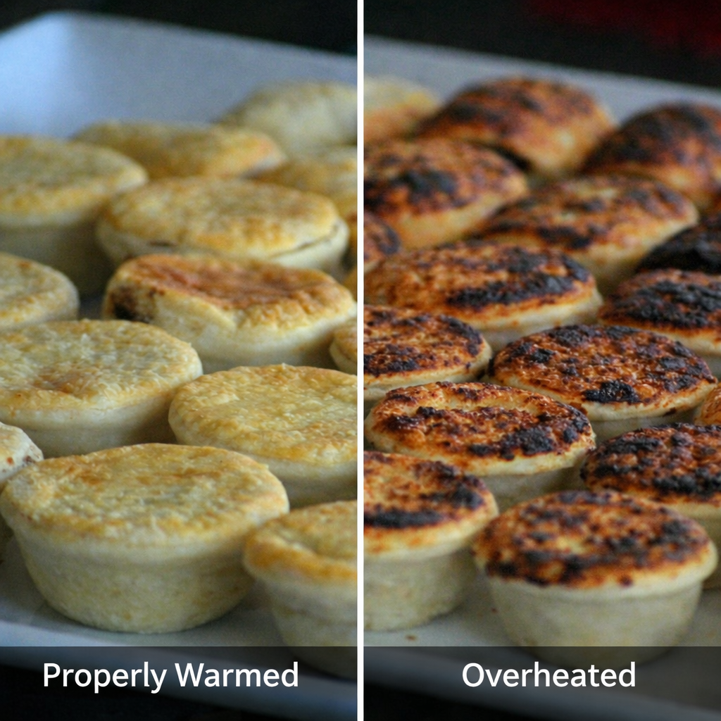 Pies warmed correctly vs overcooked pies