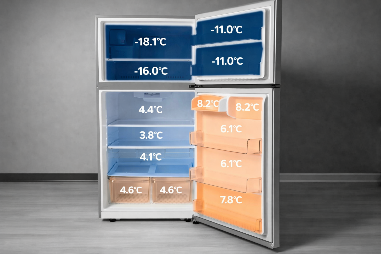 Fridge temeperature guide for storing meat - example only as fridge designes differ