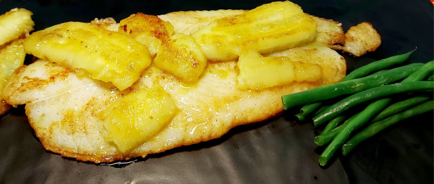 Pan-Seared Sole with Caramelized Banana Plated Dish