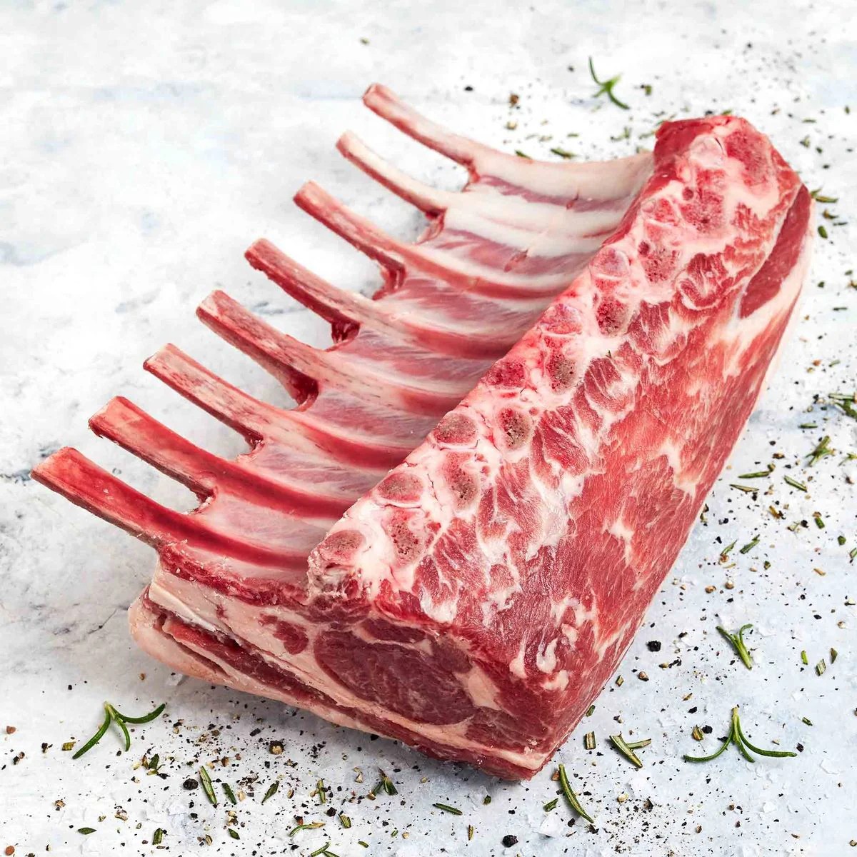 Whole lamb rack showing bone spacing