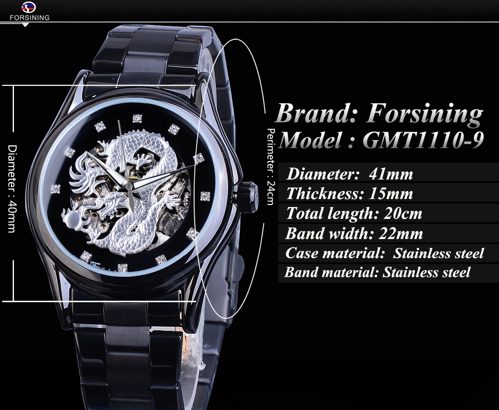 Forsining Men Wrist Watch Dragon Automatic Mechanical Stainless Steel