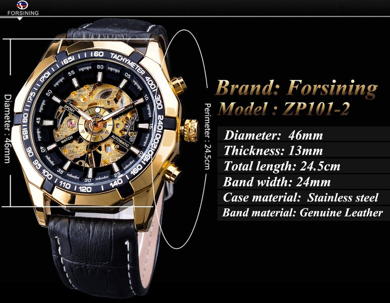 Forsining Waterproof Golden Black Skeleton Two Button