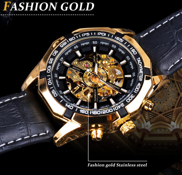 Forsining Waterproof Golden Black Skeleton Two Button