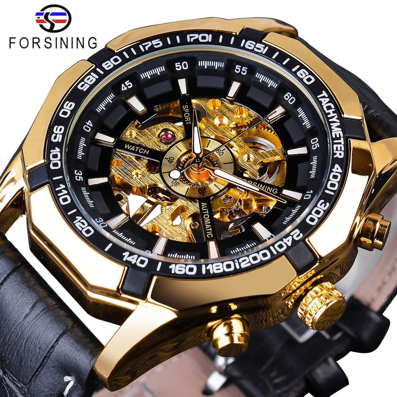 Forsining Waterproof Golden Black Skeleton Two Button