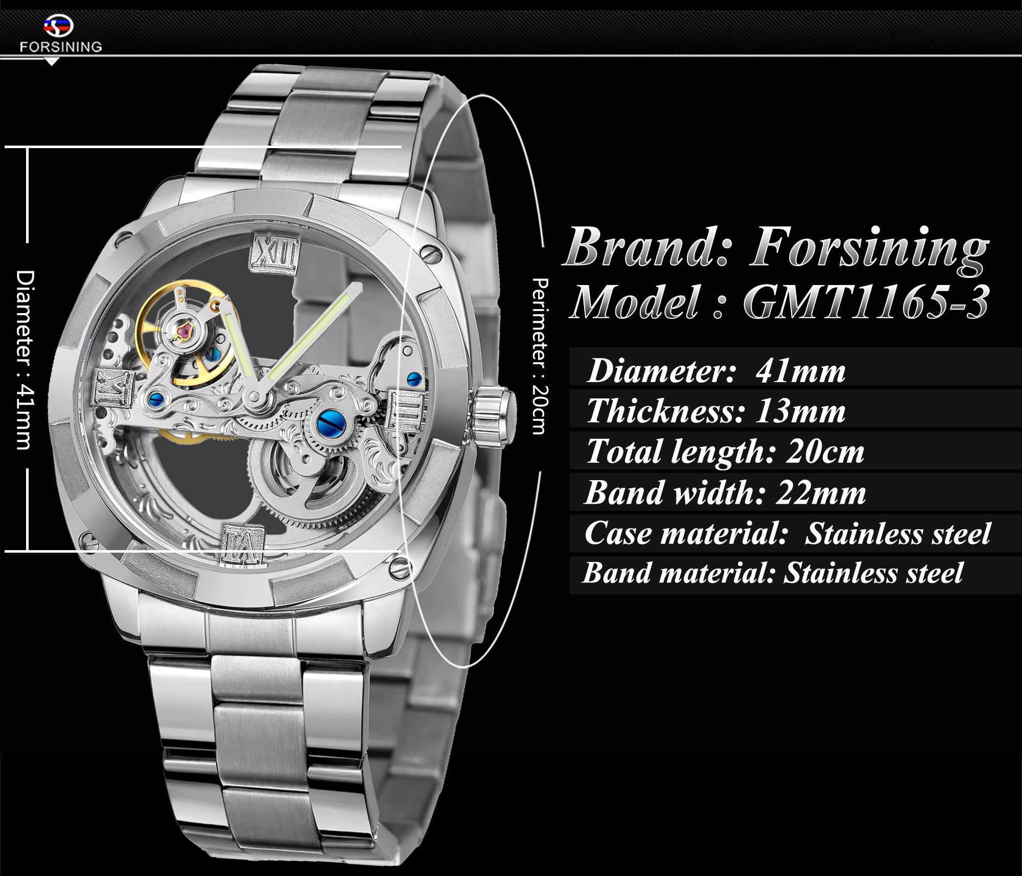 Forsining Watch for Men Skeleton Square Mechanical Automatic Luminous Waterproof