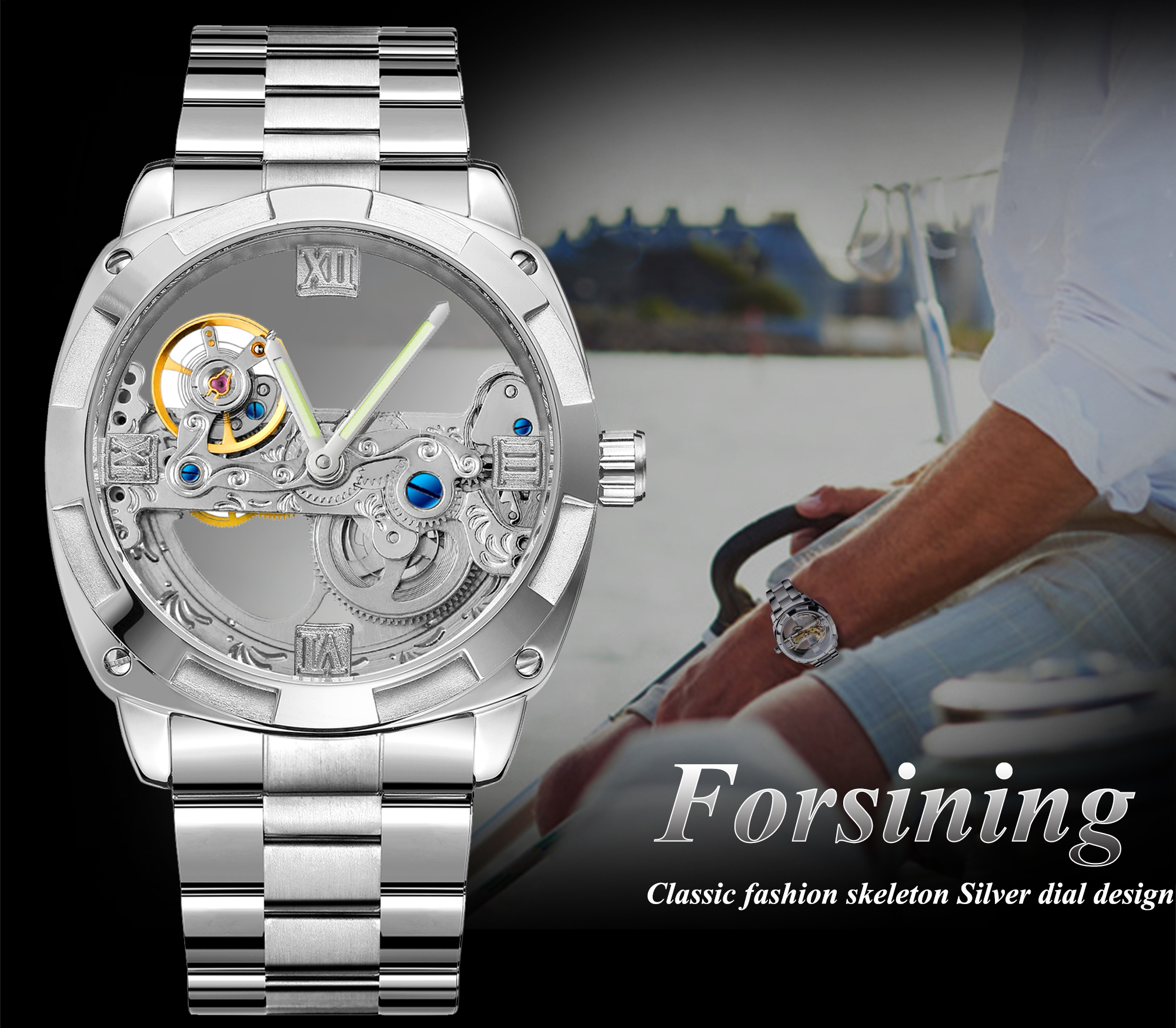 Forsining Watch for Men Skeleton Square Mechanical Automatic Luminous Waterproof