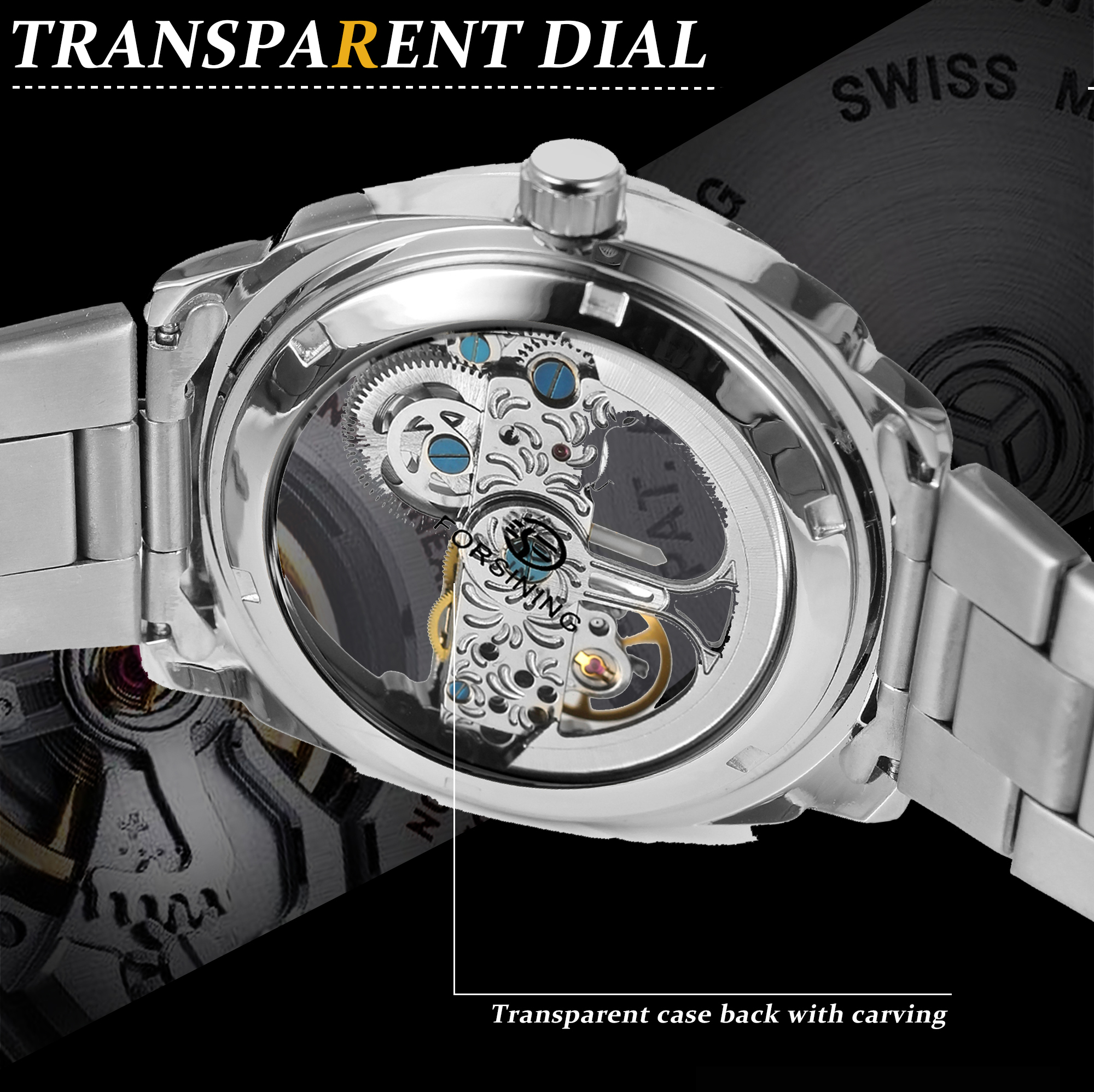 Forsining Watch for Men Skeleton Square Mechanical Automatic Luminous Waterproof