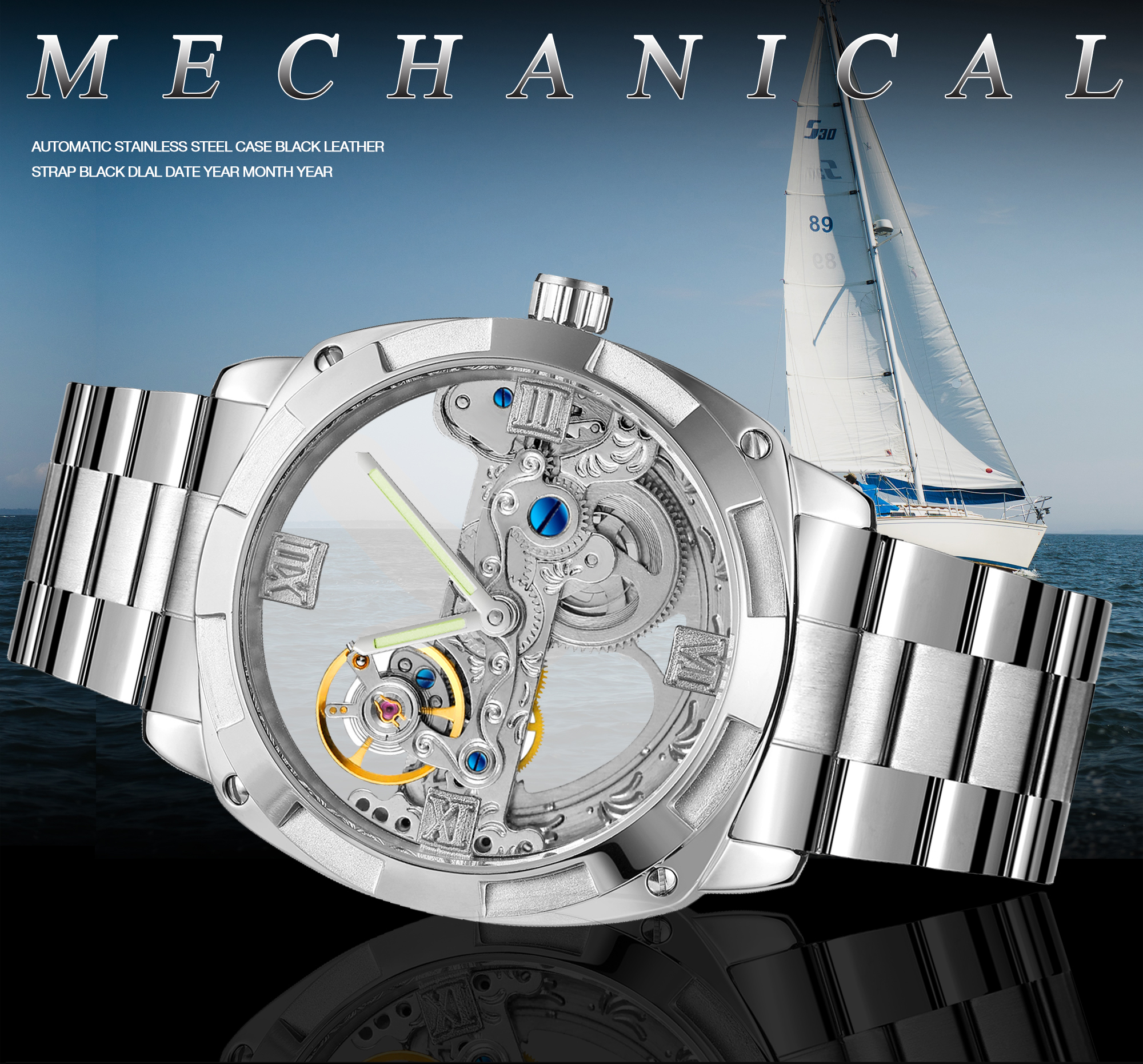 Forsining Watch for Men Skeleton Square Mechanical Automatic Luminous Waterproof