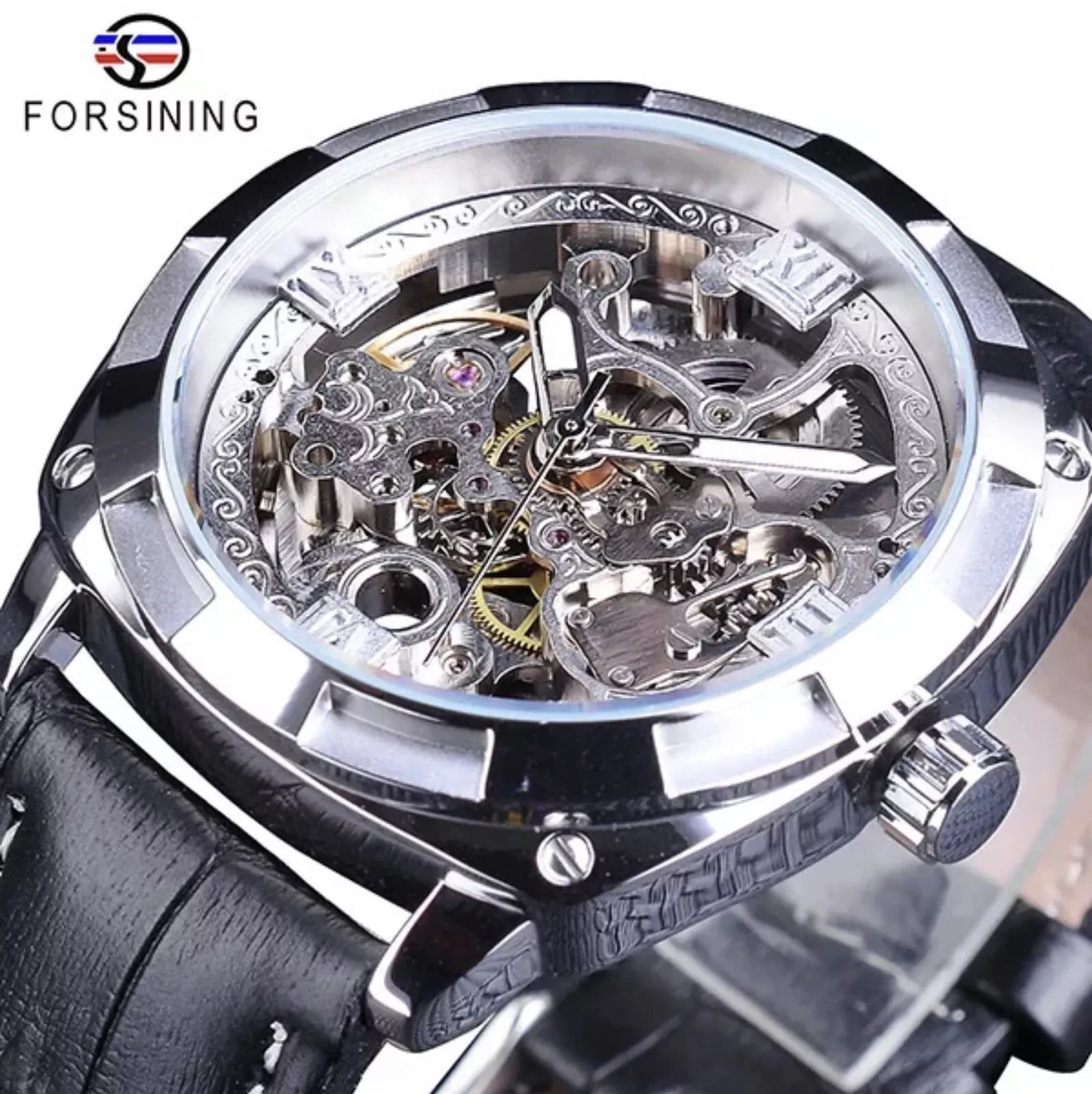 Forsining Mens Skeleton Mechanical Waterproof Luxury Watch Leather