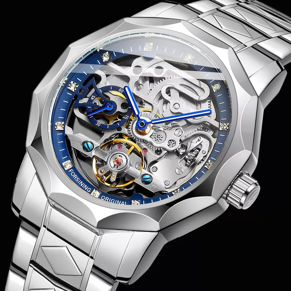 Men Forsining Automatic Watch Stainless Steel Strap Skeleton Mechanical Watches