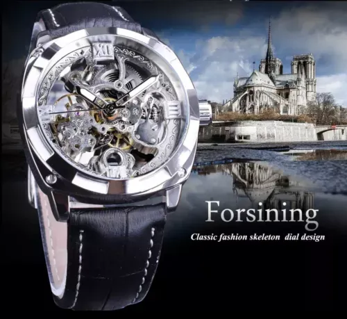 Forsining Mens Skeleton Mechanical Waterproof Luxury Watch Leather