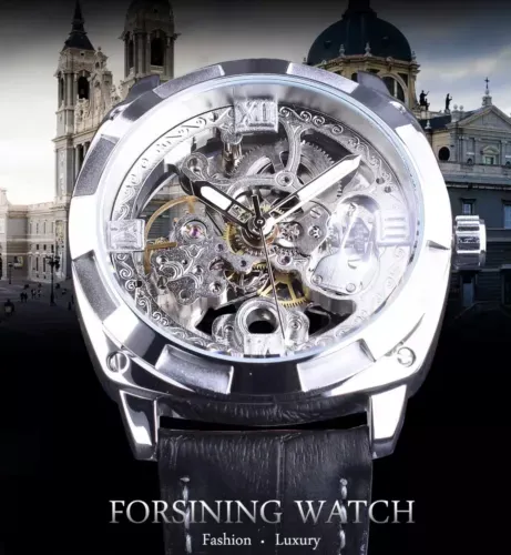 Forsining Mens Skeleton Mechanical Waterproof Luxury Watch Leather