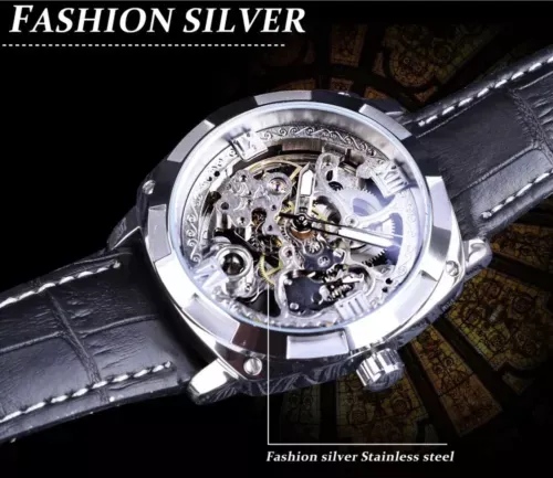 Forsining Mens Skeleton Mechanical Waterproof Luxury Watch Leather