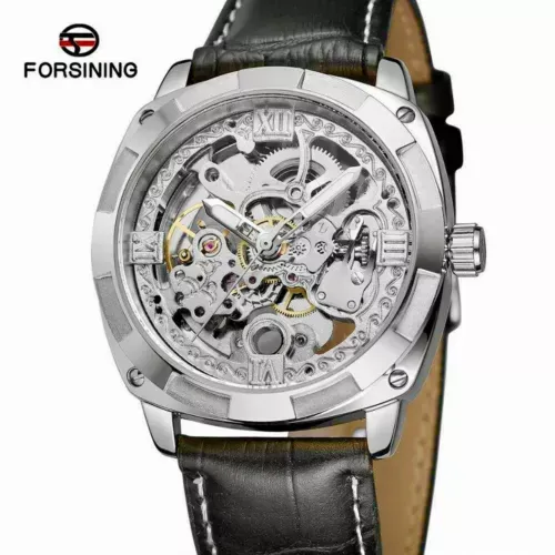 Forsining Mens Skeleton Mechanical Waterproof Luxury Watch Leather