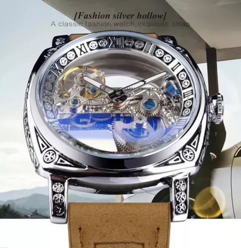 Forsining Men’s Automatic Square Retro Carved Skeleton Luxury Waterproof Watch