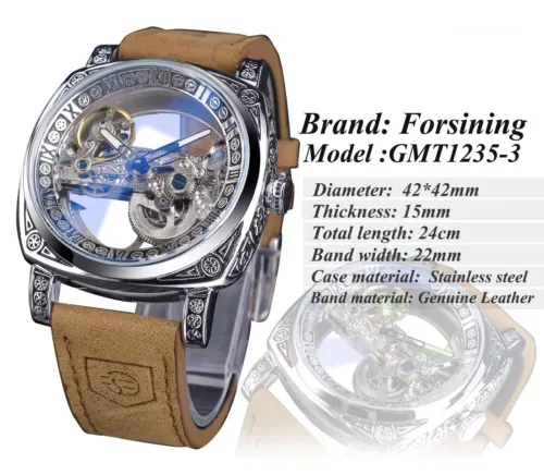 Forsining Men’s Automatic Square Retro Carved Skeleton Luxury Waterproof Watch