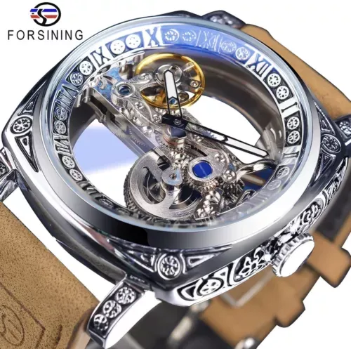 Forsining Men’s Automatic Square Retro Carved Skeleton Luxury Waterproof Watch
