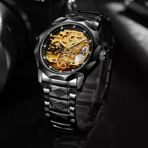 Men Forsining Automatic Watch Stainless Steel Strap Skeleton Mechanical Watches