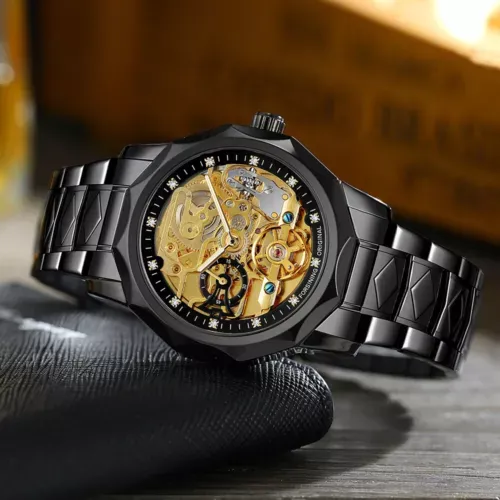 Men Forsining Automatic Watch Stainless Steel Strap Skeleton Mechanical Watches