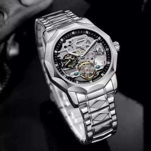 Men Forsining Automatic Watch Stainless Steel Strap Skeleton Mechanical Watches