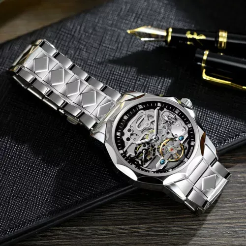 Men Forsining Automatic Watch Stainless Steel Strap Skeleton Mechanical Watches
