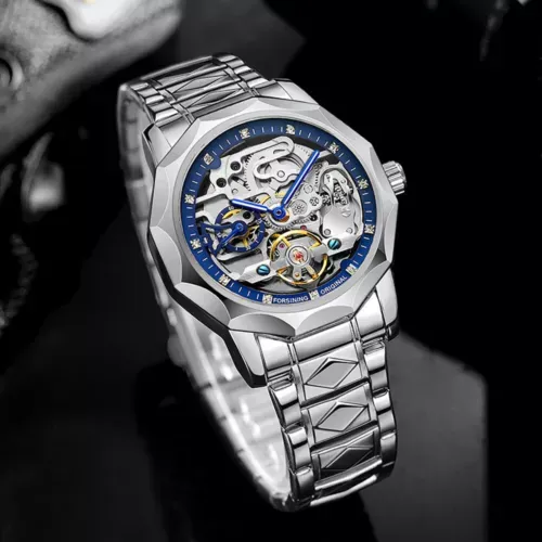 Men Forsining Automatic Watch Stainless Steel Strap Skeleton Mechanical Watches
