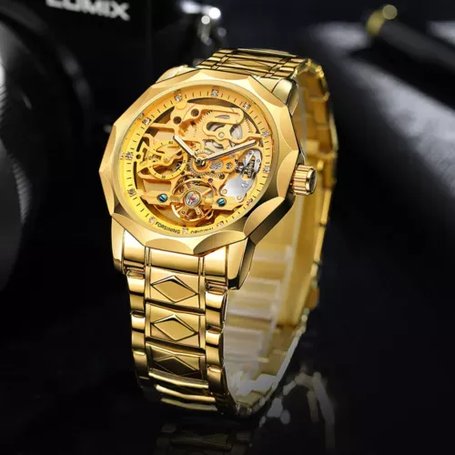 Men Forsining Automatic Watch Stainless Steel Strap Skeleton Mechanical Watches