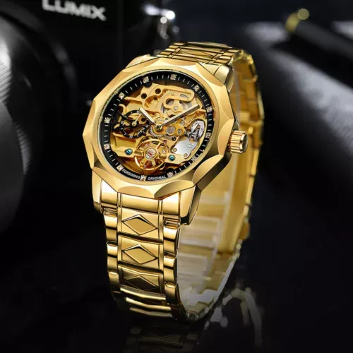 Men Forsining Automatic Watch Stainless Steel Strap Skeleton Mechanical Watches