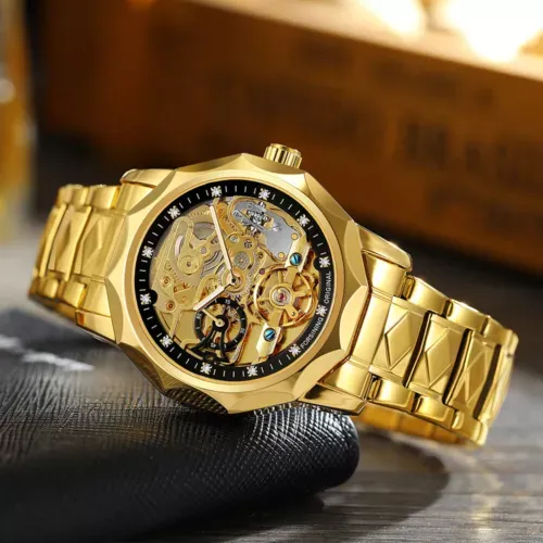Men Forsining Automatic Watch Stainless Steel Strap Skeleton Mechanical Watches