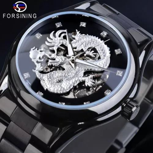 Forsining Men Wrist Watch Dragon Automatic Mechanical Stainless Steel