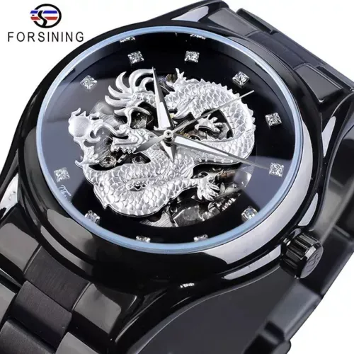 Forsining Men Wrist Watch Dragon Automatic Mechanical Stainless Steel