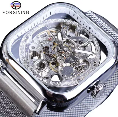 Forsining Mens Silver Automatic Mechanical Steampunk Mesh Watch
